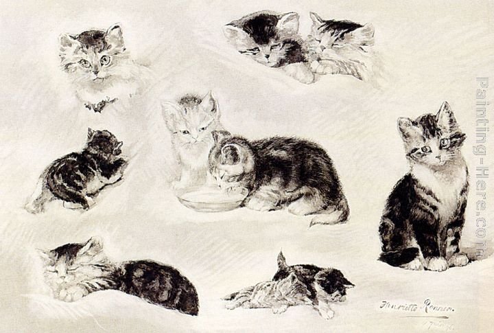 Henriette Ronner-Knip A Study Of Cats Drinking, Sleeping And Playing